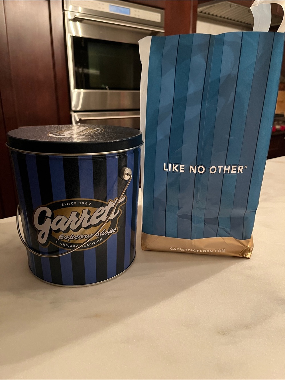 Garrett Popcorn Shops Tin and Shopping Bag - Blue & Black Stripe EMPTY - Picture 9 of 12